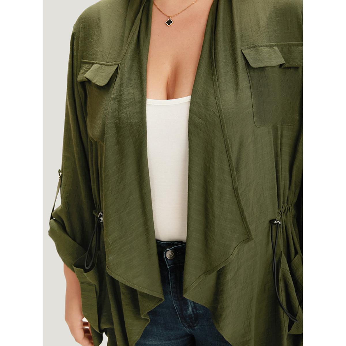 Plus Size Supersoft Essentials Plain Pocket Asymmetrical Drawstring Coat Women ArmyGreen Plain Pocket Dailywear Jackets BloomChic 26/4X Product Image