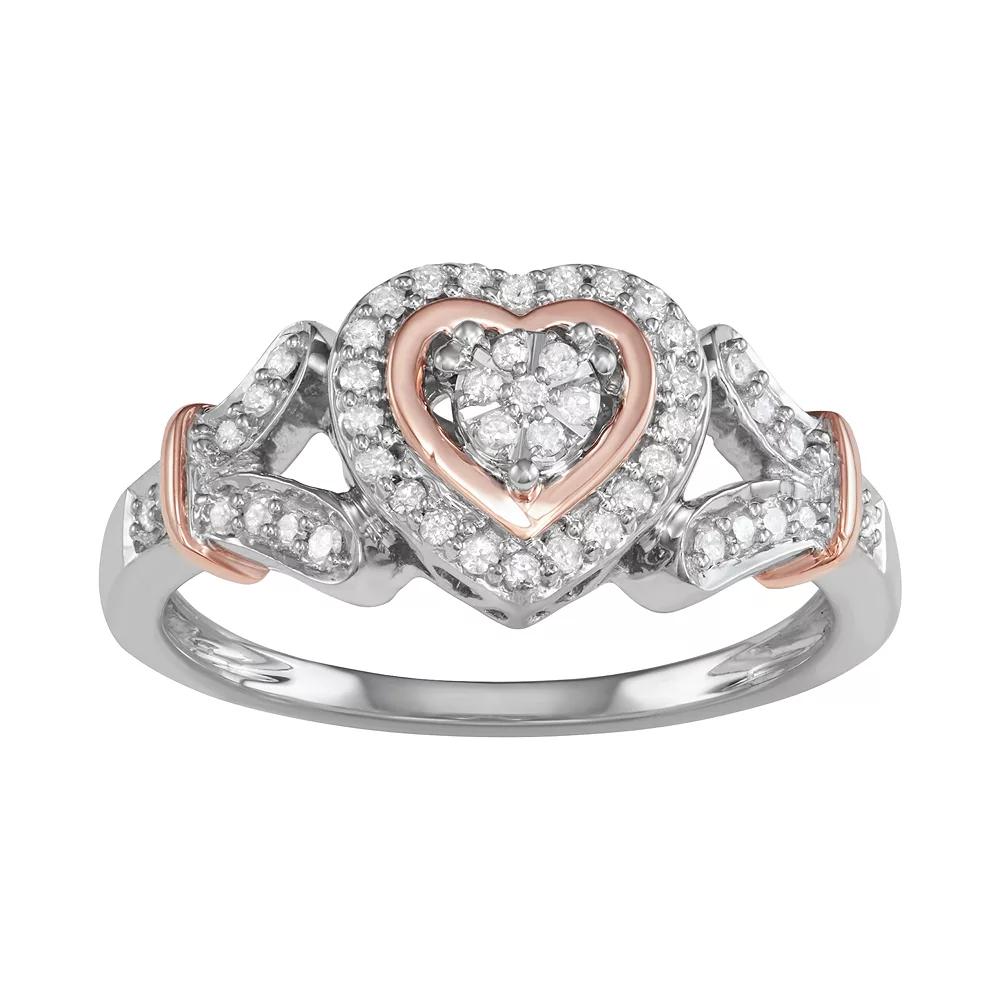 Two Tone Sterling Silver 1/4 Carat T.W. Diamond Heart Ring, Women's, Size: 6, Pink Tone Product Image