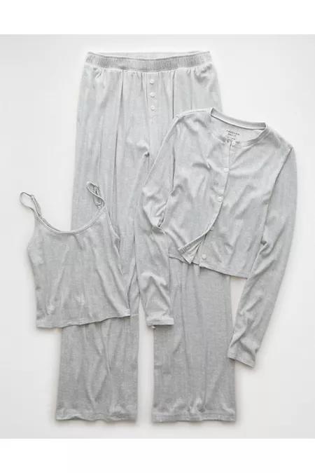 AE 3-Piece Pointelle Plush Cardigan Pajama Set Womens Product Image