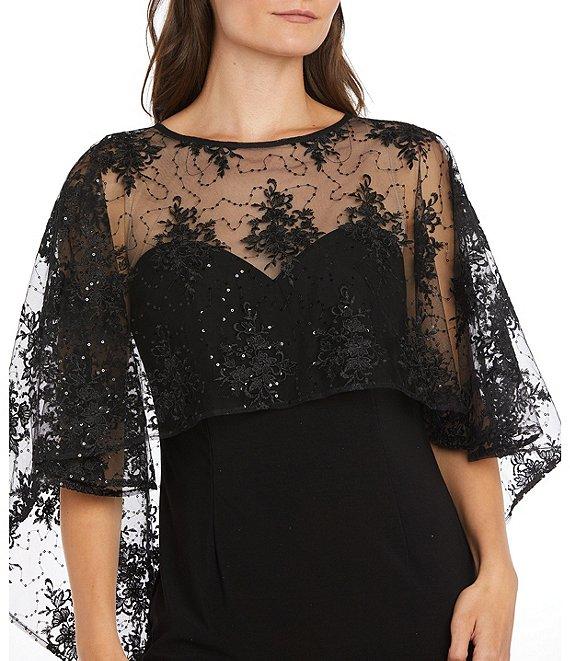 R & M Richards Crew Neck 3/4 Sleeve Embroidered Mesh Cape Overlay Dress Product Image