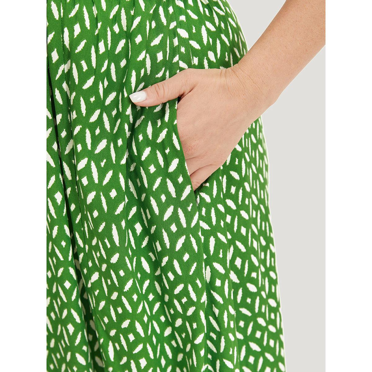 Plus Size Geometric Print Split Knot Reffles Elastic Waist Dress Green Women Elegant Knotted V-neck Short sleeve Curvy Midi Dress BloomChic 12/L Product Image