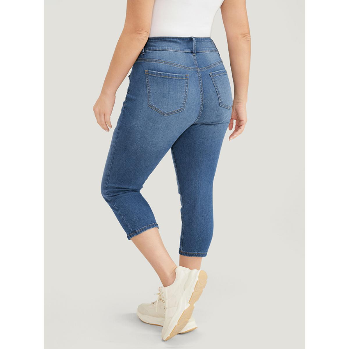 Plus Size Very Stretchy High Rise Medium Wash Cropped Jeans Women Cerulean Casual Plain High stretch Jeans BloomChic 28/5X Product Image