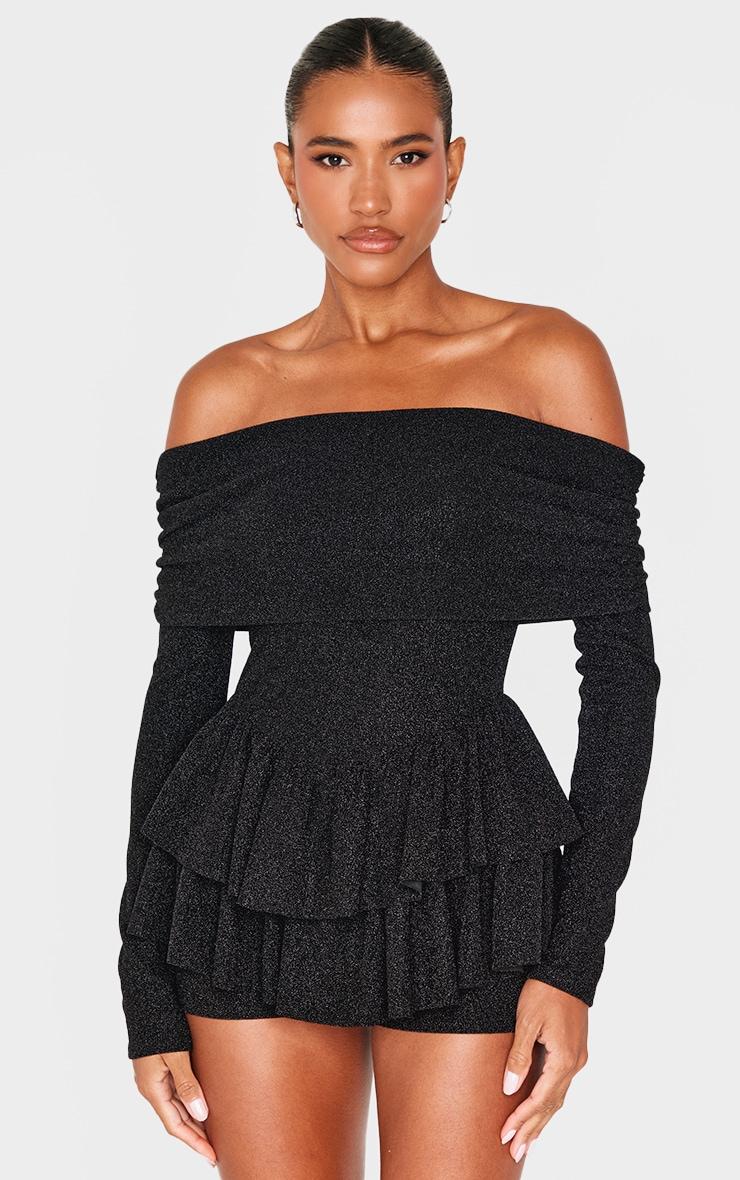 Black Glitter Bardot Long Sleeve Rara Romper Product Image