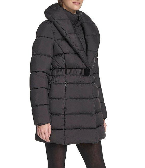 Kenneth Cole New York Water Resistant Stand Collar Belted Exposed Zip Front Puffer Coat Product Image