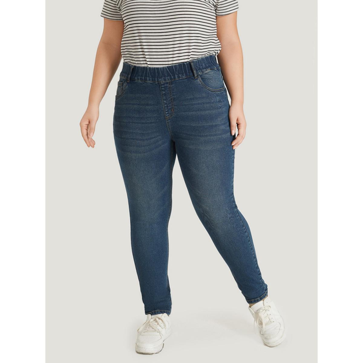 Plus Size Plain Elastic Waist Medium Wash Roll Hem Jeans Women Indigo Casual Plain Plain High stretch Pocket Jeans BloomChic 10/M Product Image