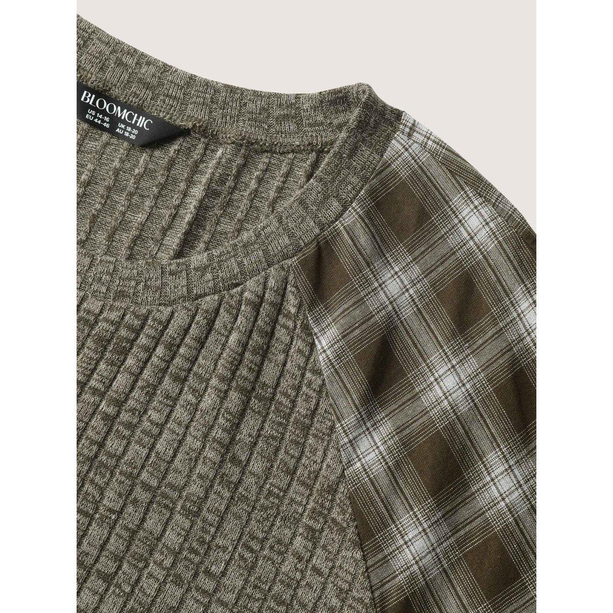 Plus Size Plaid Sleeve Color Contrast Textured Sweatshirt Women ArmyGreen Leisure Texture Round Neck Casual Sweatshirts BloomChic 12/L Product Image