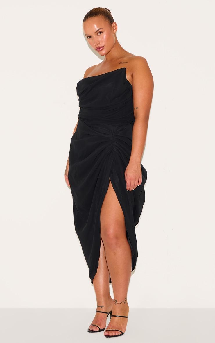 Plus Deep Black Chiffon Corset Bandeau Draped Midi Dress Product Image