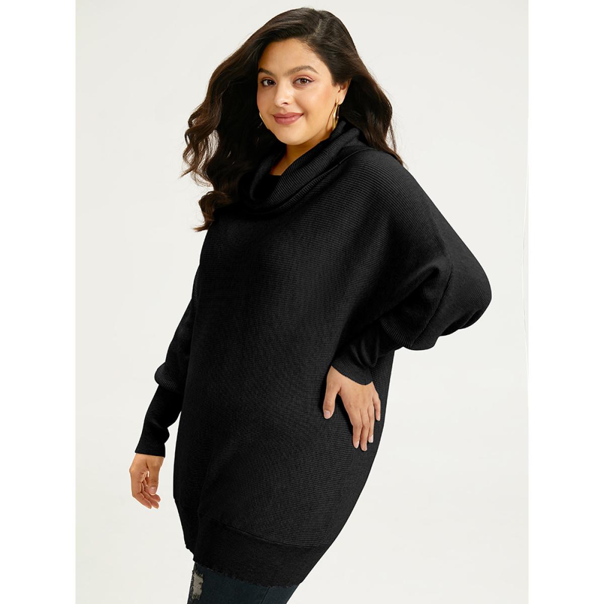 Plus Size Supersoft Essentials Lapel Collar Batwing Sleeve Pullover Black Women Casual Loose Long Sleeve Lapel Collar Dailywear Pullovers BloomChic 18-20/2X Product Image