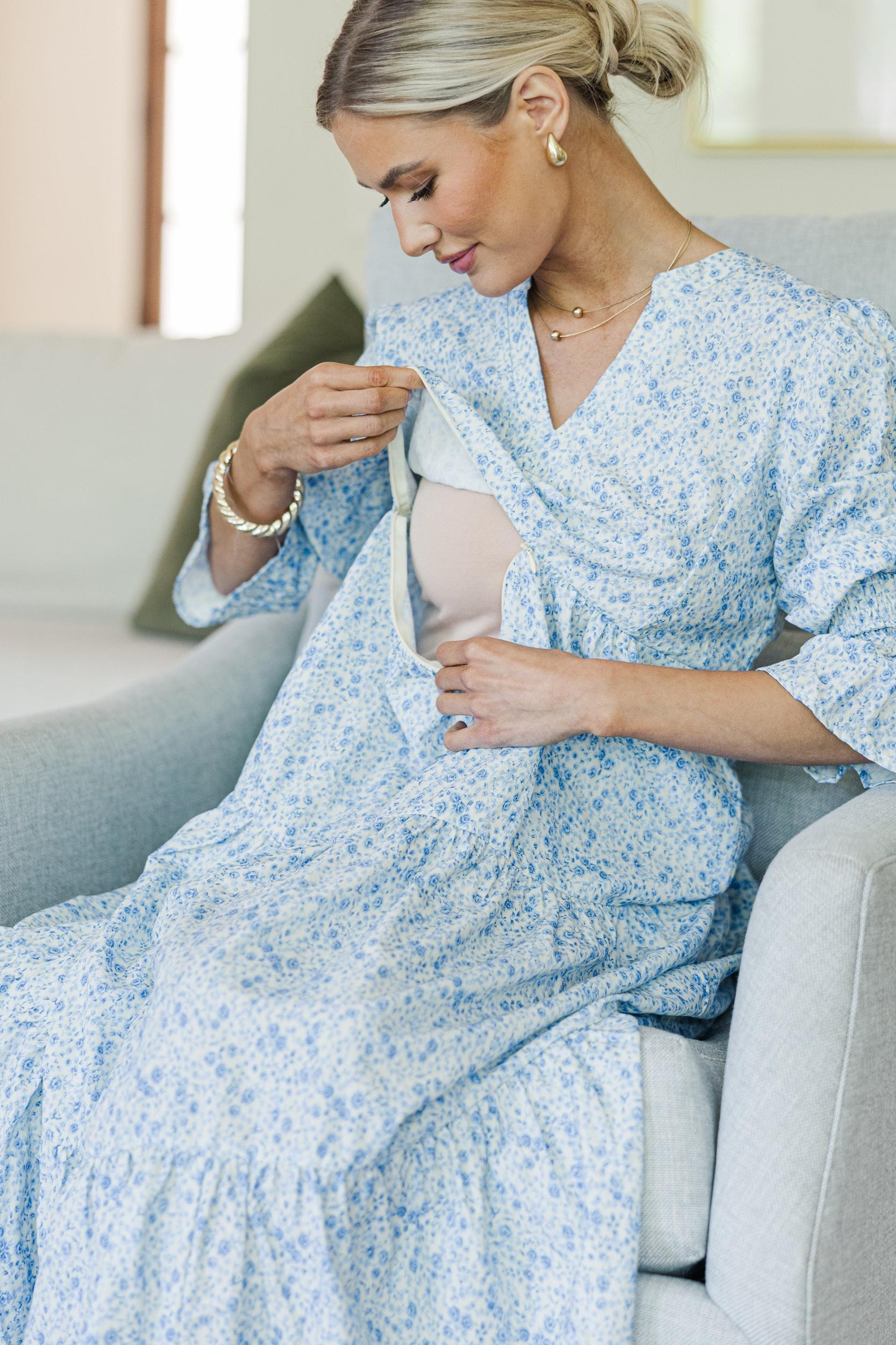 NURSING COLLECTION: What A Surprise Blue Ditsy Floral Tiered Midi Dress Female Product Image