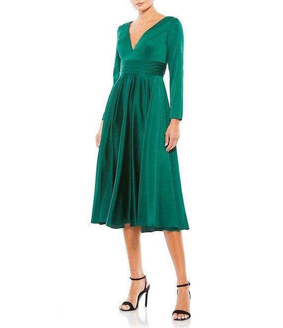 Mac Duggal V-Neck Long Sleeve Satin A-line Midi Dress Product Image