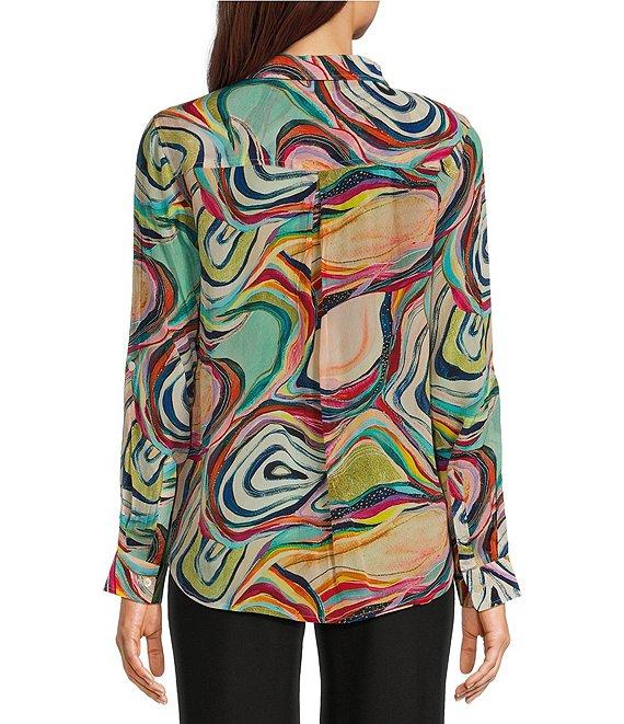 APNY Abstract Print Point Collar Roll Sleeve Button Front Blouse Product Image