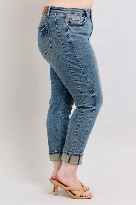 88946   Alina Mid-Rise Vintage Wash Double Roll Cuff Boyfriend Judy Blue Jeans Product Image