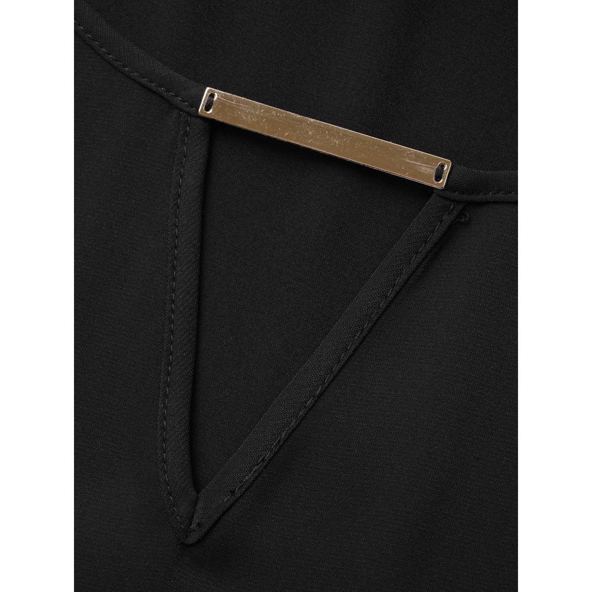 Plus Size Black Anti-Wrinkle Plain Metal Detail Keyhole Neck Blouse Women Office Short sleeve V-neck Work Blouses BloomChic 12/L Product Image