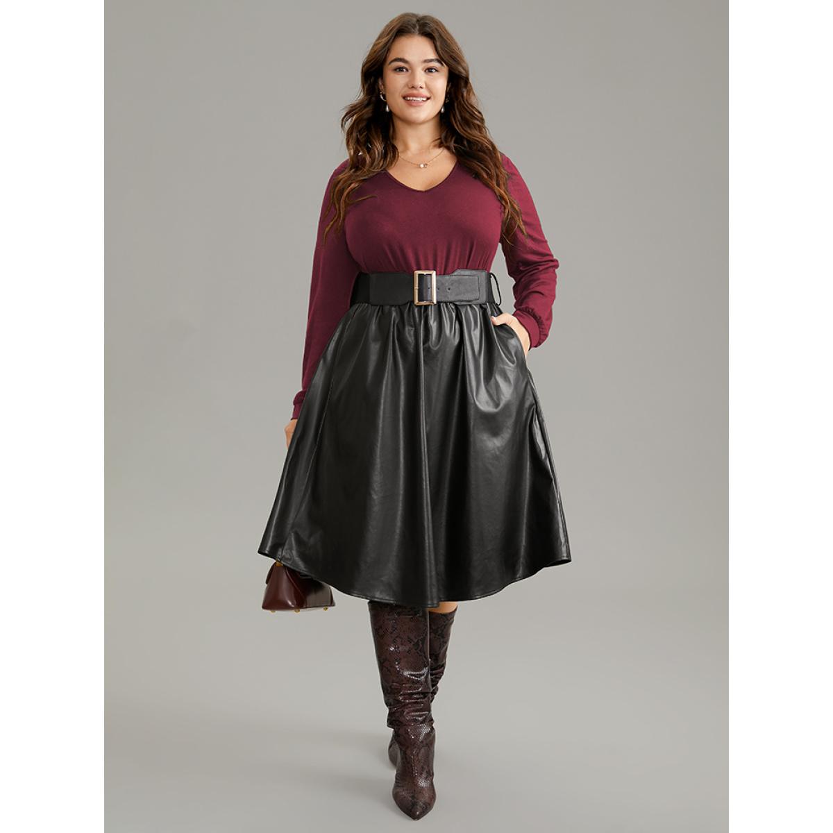Plus Size PU Patchwork V Neck Dress With Belt Burgundy Women Office Plain V-neck Long Sleeve Curvy Knee Dress BloomChic 10/M Product Image