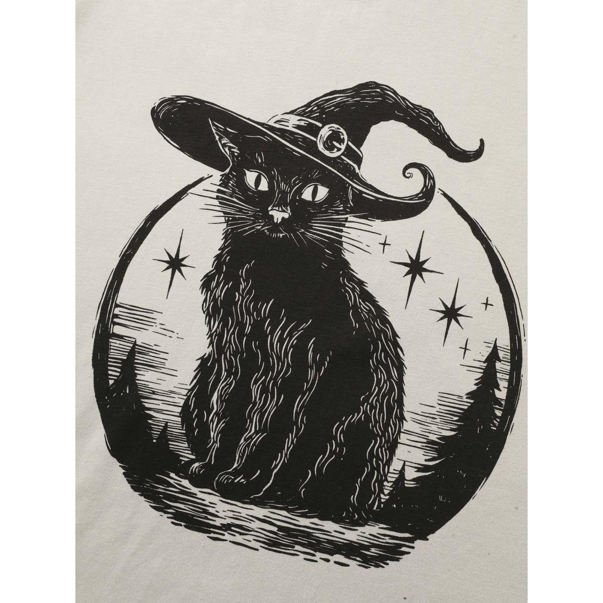 Plus Size Bewitched Cat Printed Crew Neck T-shirt Champagne Women Casual Non Halloween Round Neck Everyday T-shirts BloomChic 18-20/2X Product Image