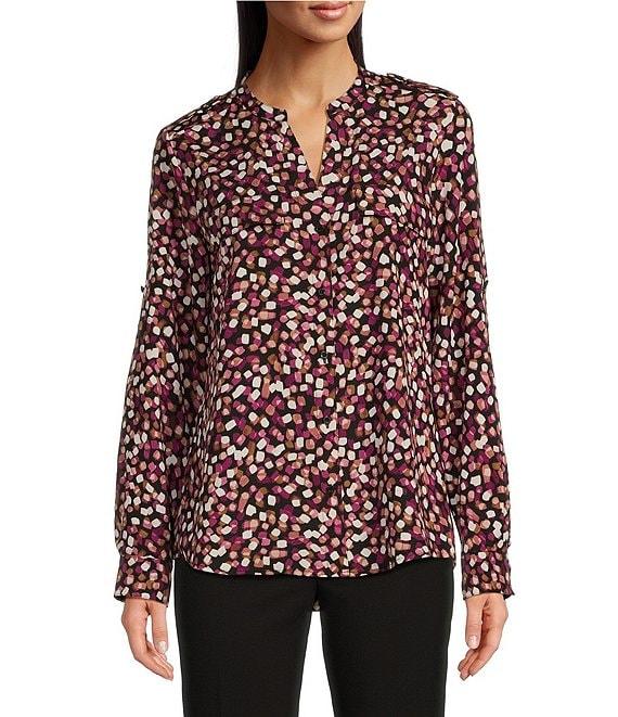 Calvin Klein Abstract Dot Printed Split V-Neckline Roll Tab Long Sleeve Blouse Product Image