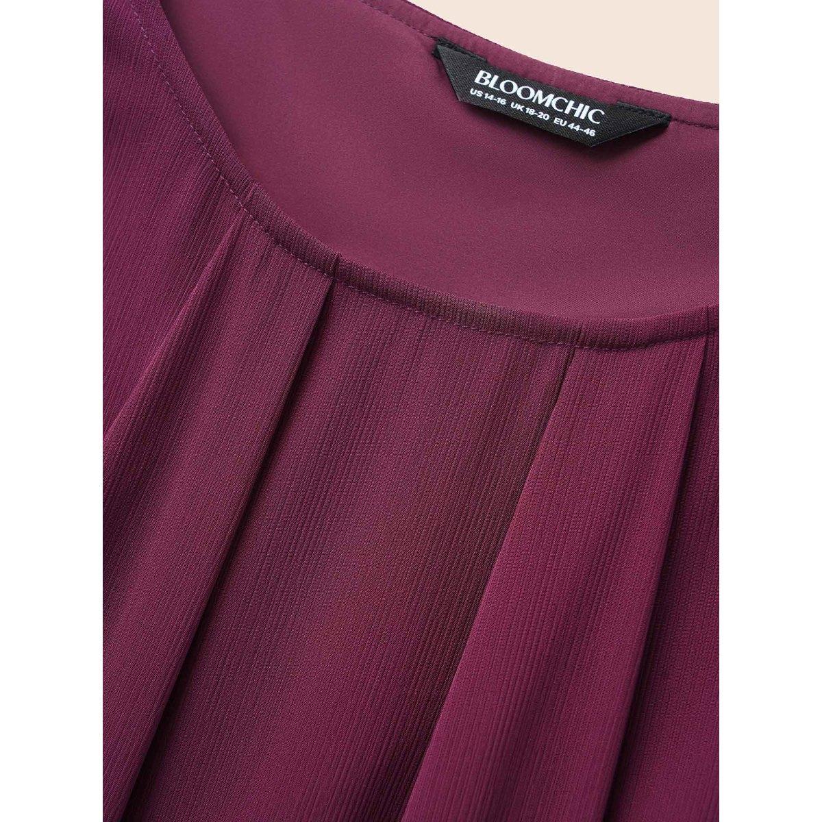 Plus Size Plum Solid Elastic Waist Ruffle Sleeve Blouse Women Workwear Essentials Short sleeve Round Neck Work Blouses BloomChic 26/4X Product Image