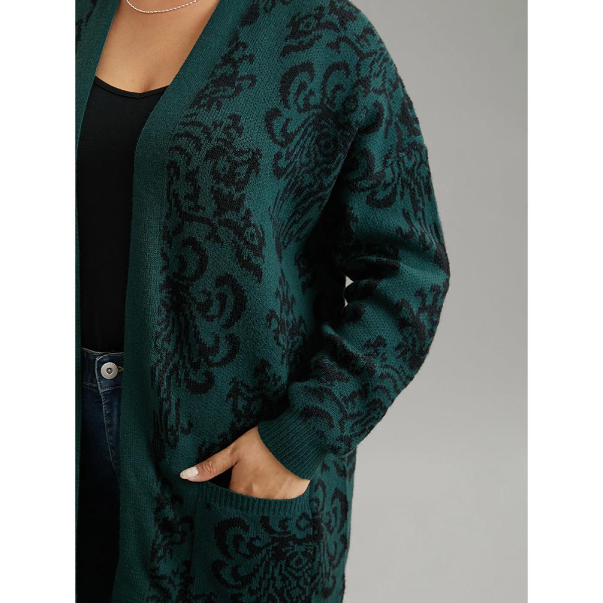 Plus Size Supersoft Essentials Floral Pocket Contrast Cardigan DarkGreen Women Casual Loose Long Sleeve Dailywear Cardigans BloomChic 30/6X Product Image