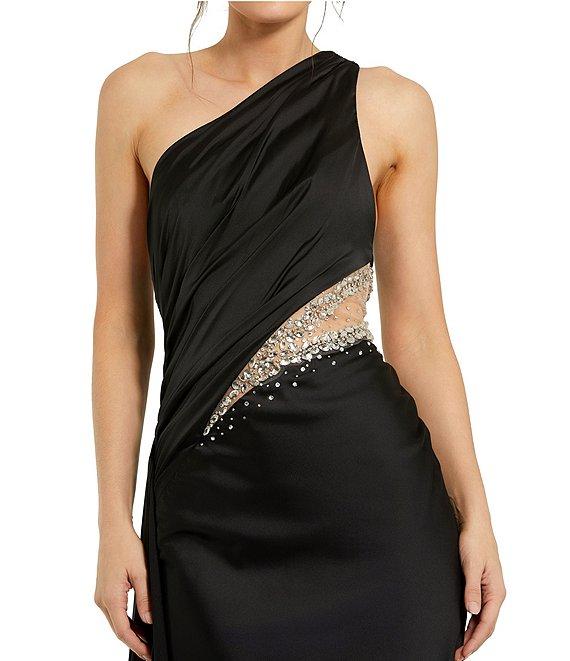 Mac Duggal Embellished Mesh Inset Satin Ruched One Shoulder Sleeveless Draped Gown Product Image