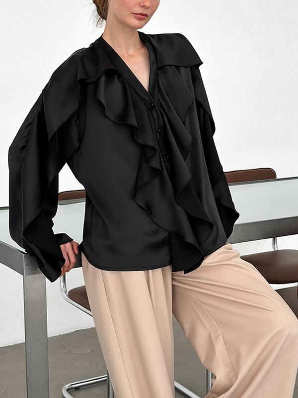 Loose Puff Sleeves Solid Color Split-Joint Tiered V-Neck Blouses&Shirts Tops Product Image