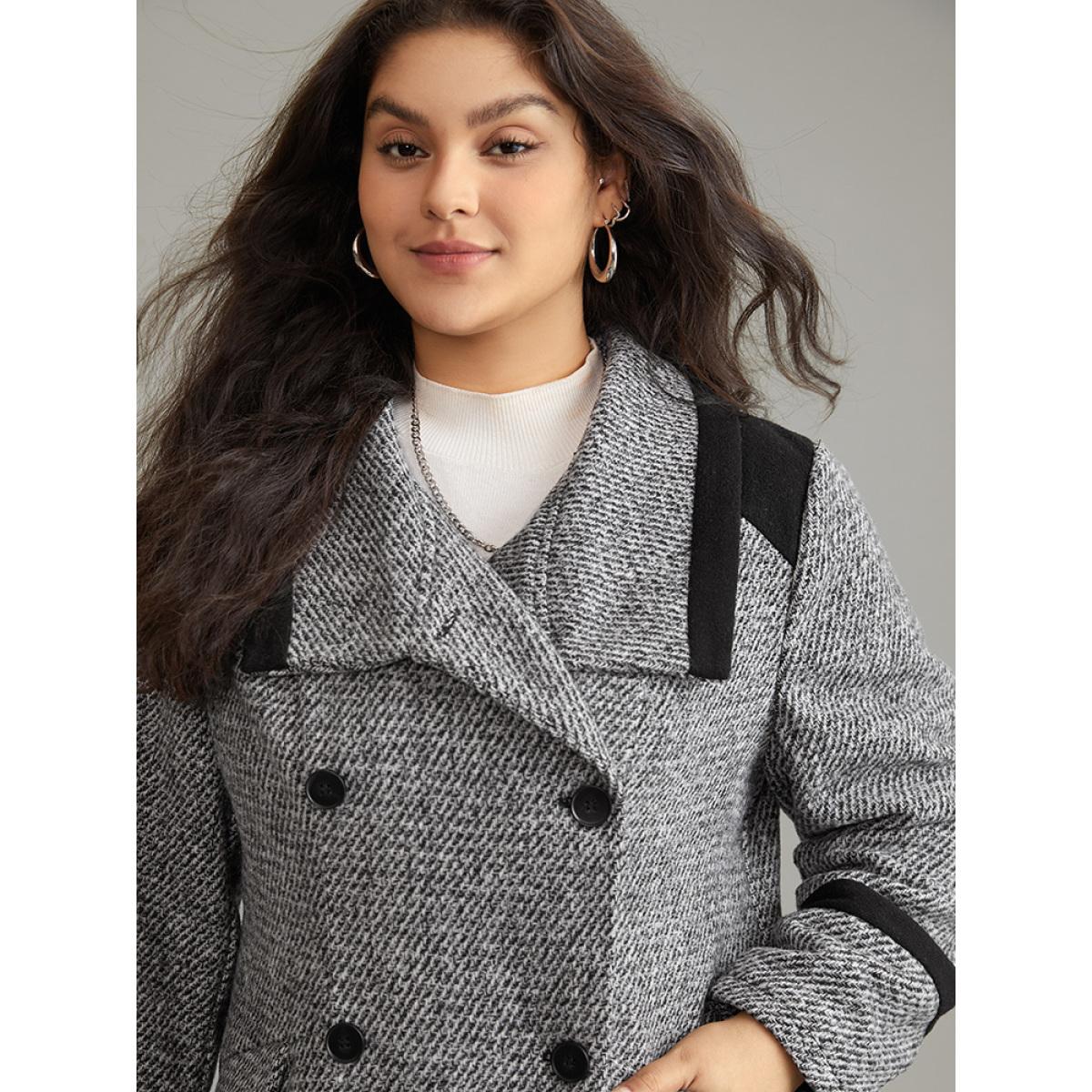 Plus Size Contrast Tweed Double Breasted Flap Pocket Coat Women DimGray Casual Lined Ladies Dailywear Winter Coats BloomChic 30/6X Product Image