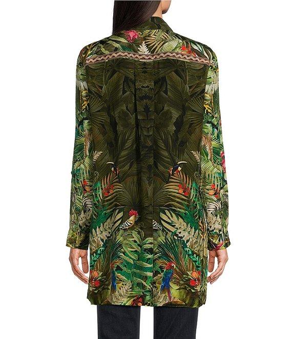 John Mark Tropical Print Collared Long Roll-Tab Sleeve Tunic Product Image