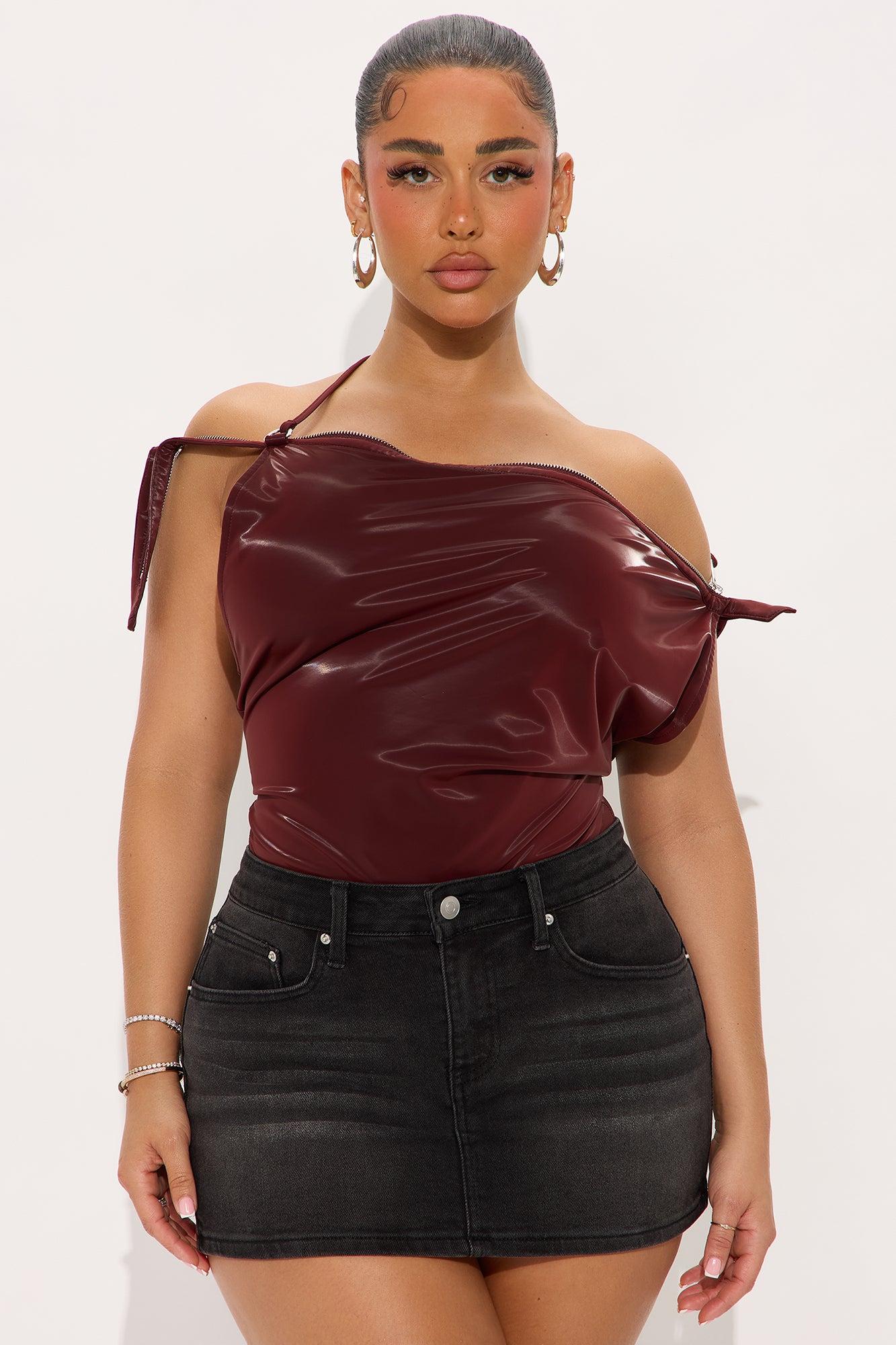 Unzip Me Faux Leather Bodysuit - Burgundy Female Product Image