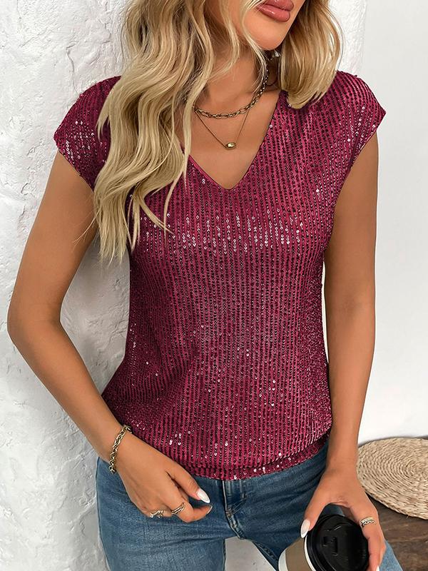 Batwing Sleeves Loose Sequined Shiny V-Neck T-Shirts Tops Product Image