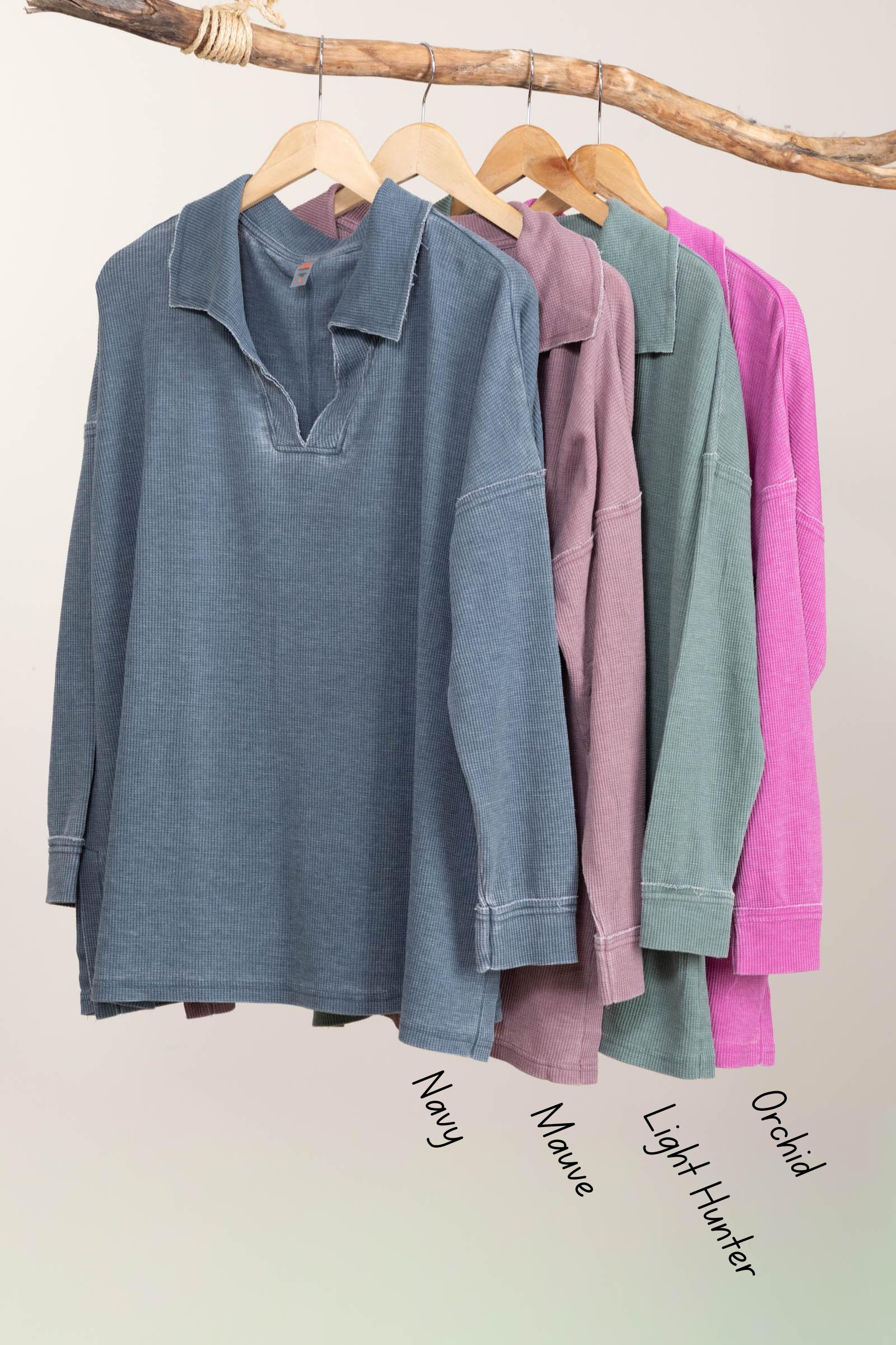 Waffle Knit Relaxed Fit Tops With Collar Product Image