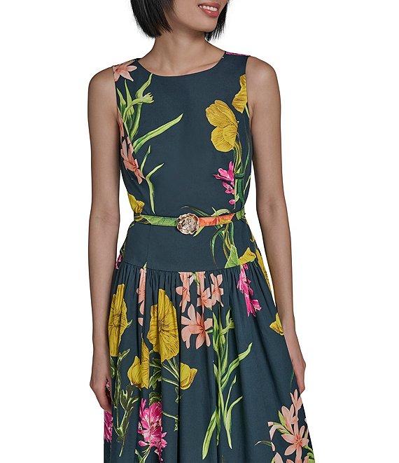 KARL LAGERFELD PARIS Poplin Floral Print Crew Neck Sleeveless Belted Drop Waist Midi Dress Product Image