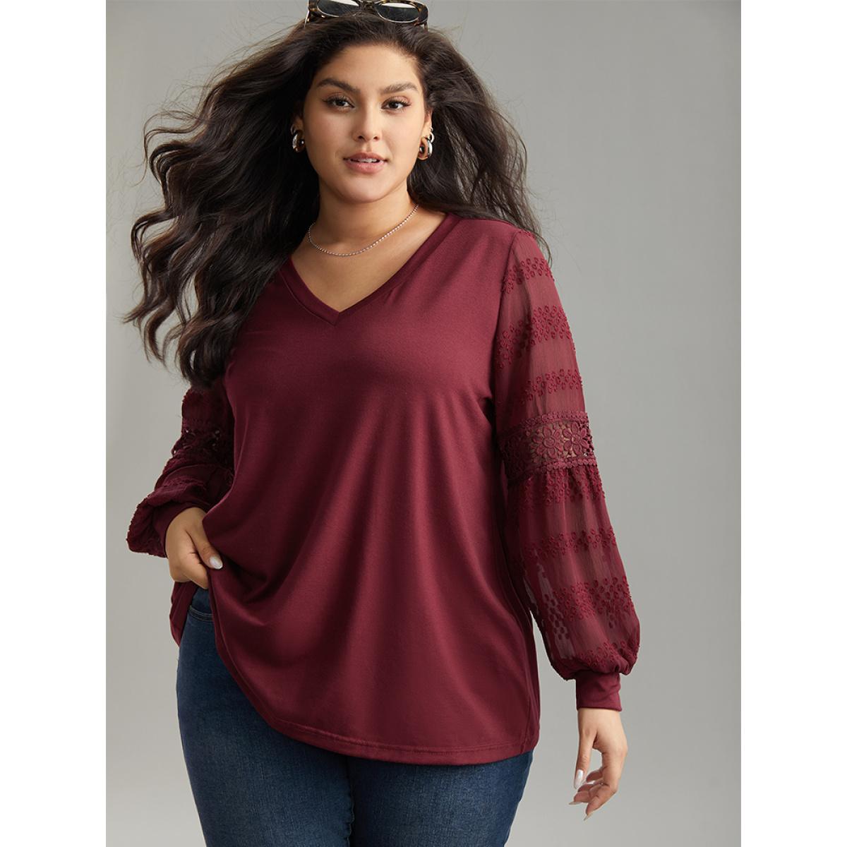 Plus Size Supersoft Essentials Solid Guipure Lace Cut Out T-shirt Burgundy Women Elegant Elastic cuffs Plain V-neck Dailywear T-shirts BloomChic 22-24/3X Product Image