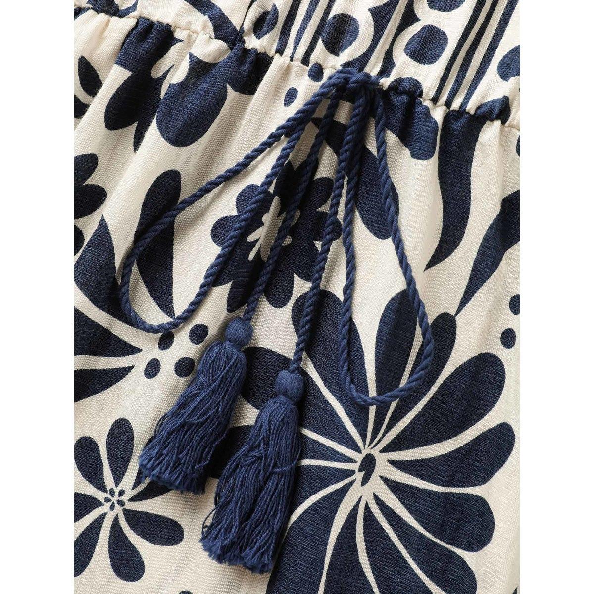 Plus Size Floral Waist-Drawstring Tassel Midi Dress Navy Women Boho V-neck Elbow-length sleeve Curvy BloomChic 18-20/2X Product Image
