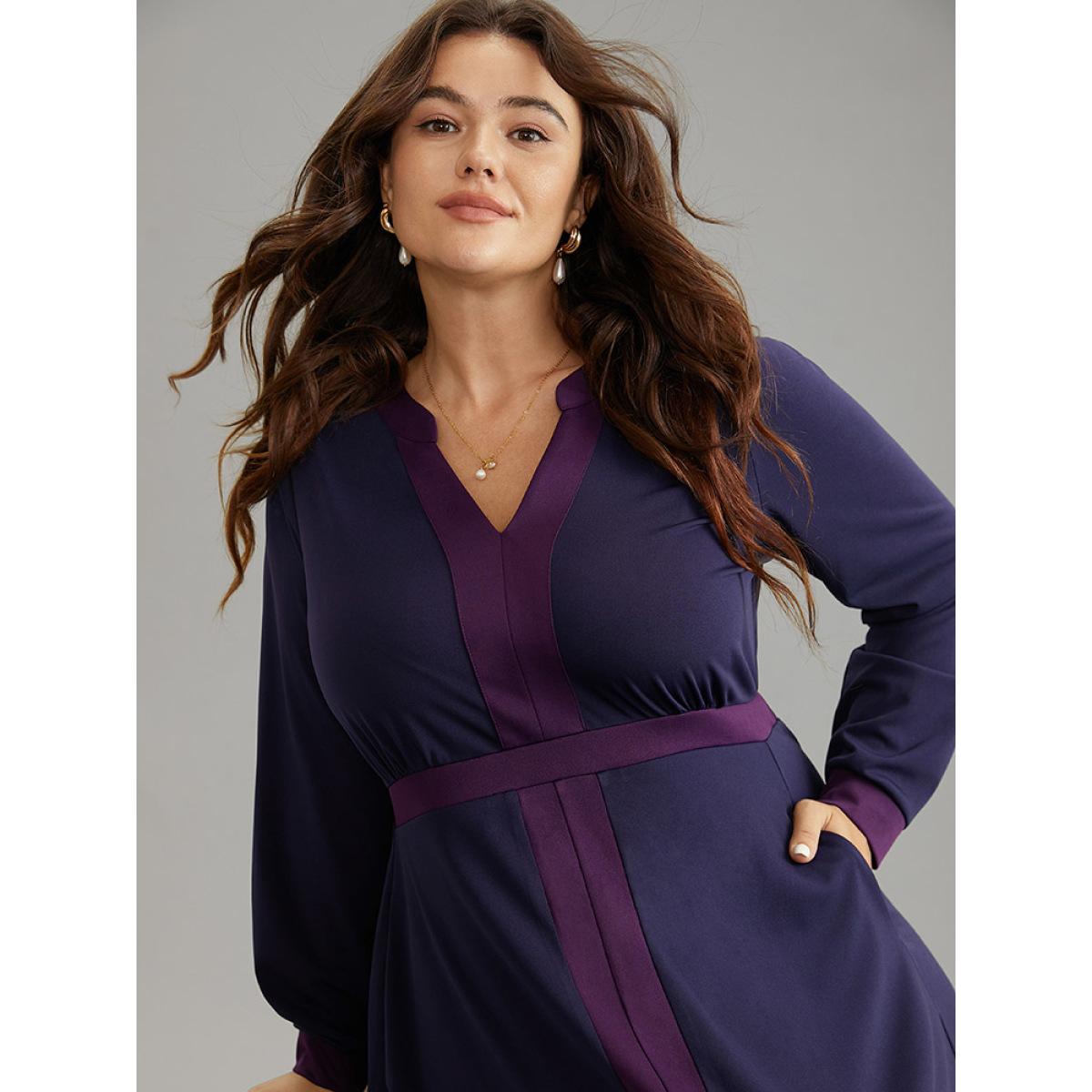Plus Size Contrast Notched Gathered Elastic Waist Dress DarkBlue Women At the Office Contrast Notched collar Long Sleeve Curvy Midi Dress BloomChic 10/M Product Image