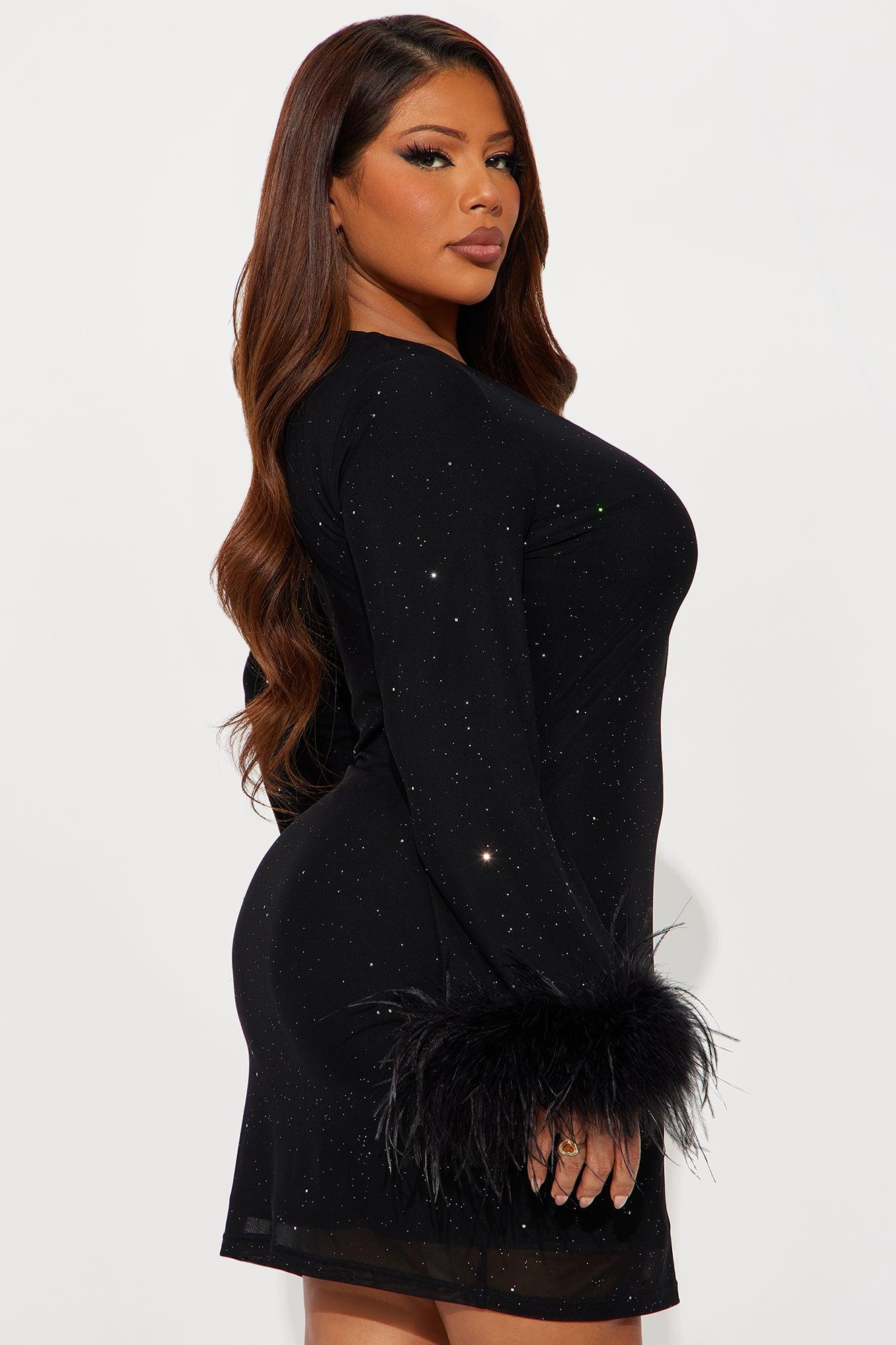 Gwen Feather Glitter Mesh Mini Dress - Black Female Product Image
