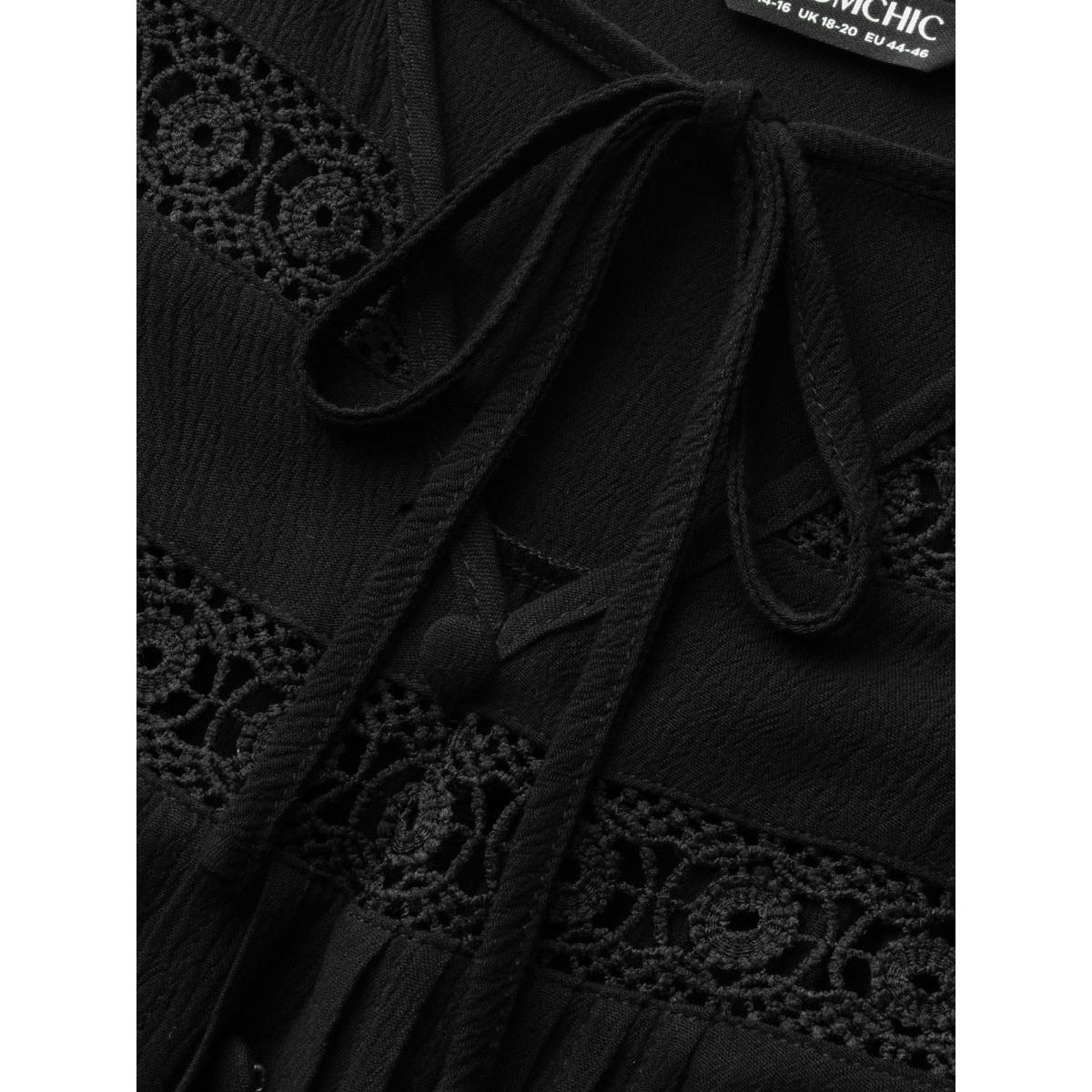 Plus Size Black Lace Patchwork Pleated Ruffles Blouse Women Timeless Long Sleeve V-neck Elegant Blouses BloomChic 22-24/3X Product Image