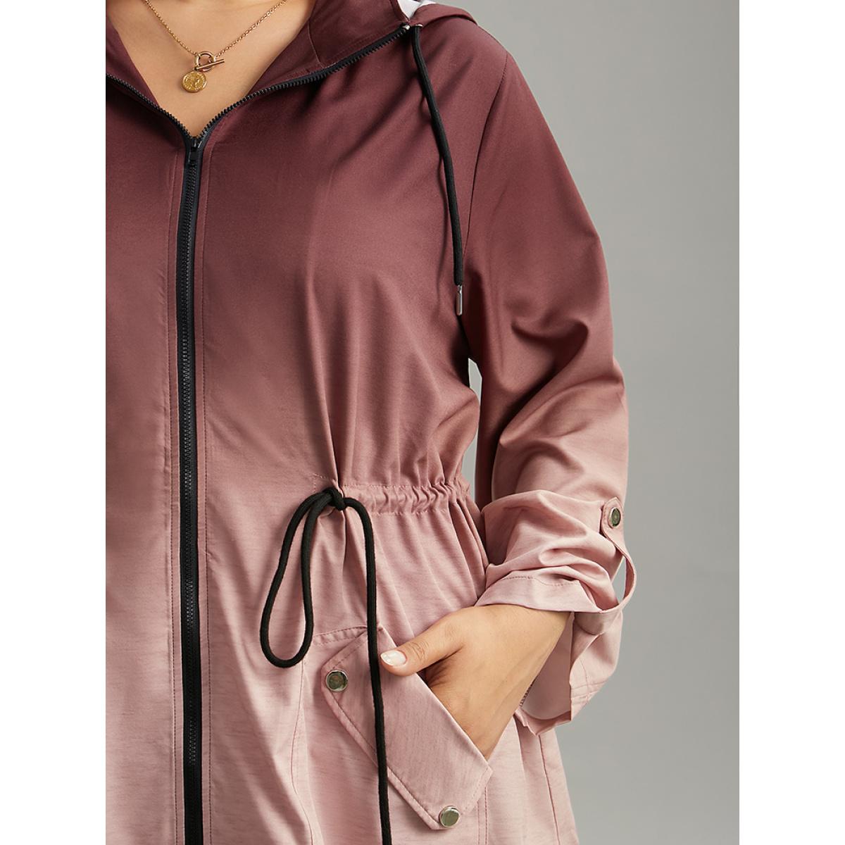 Plus Size Ombre Zipper Drawstring Pocket Tab Sleeve Jacket Women Scarlet Zipper Pocket Everyday Jackets BloomChic 14-16/1X Product Image