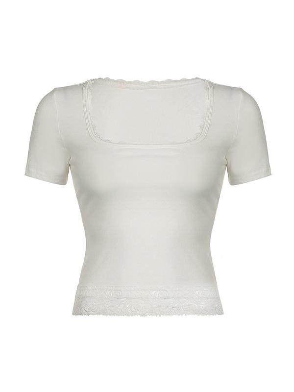 Lace Trim Splice Square Neck Crop Short Sleeve Tee Product Image
