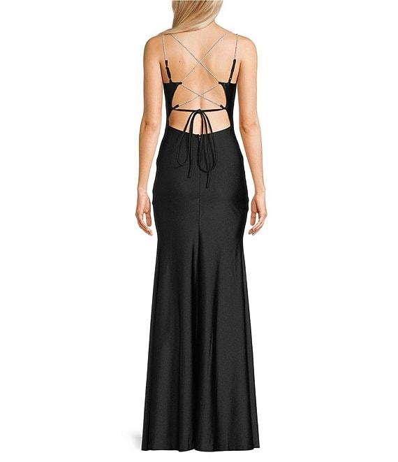 Midnight Doll Jersey Knit Satin V-Neck Rhinestone Strap Lace Up Back Side Slit Long Dress Product Image