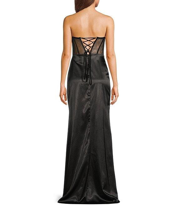 Blondie Nites Satin Illusion Applique Strapless Corset Pleated Tie Back Gown Product Image