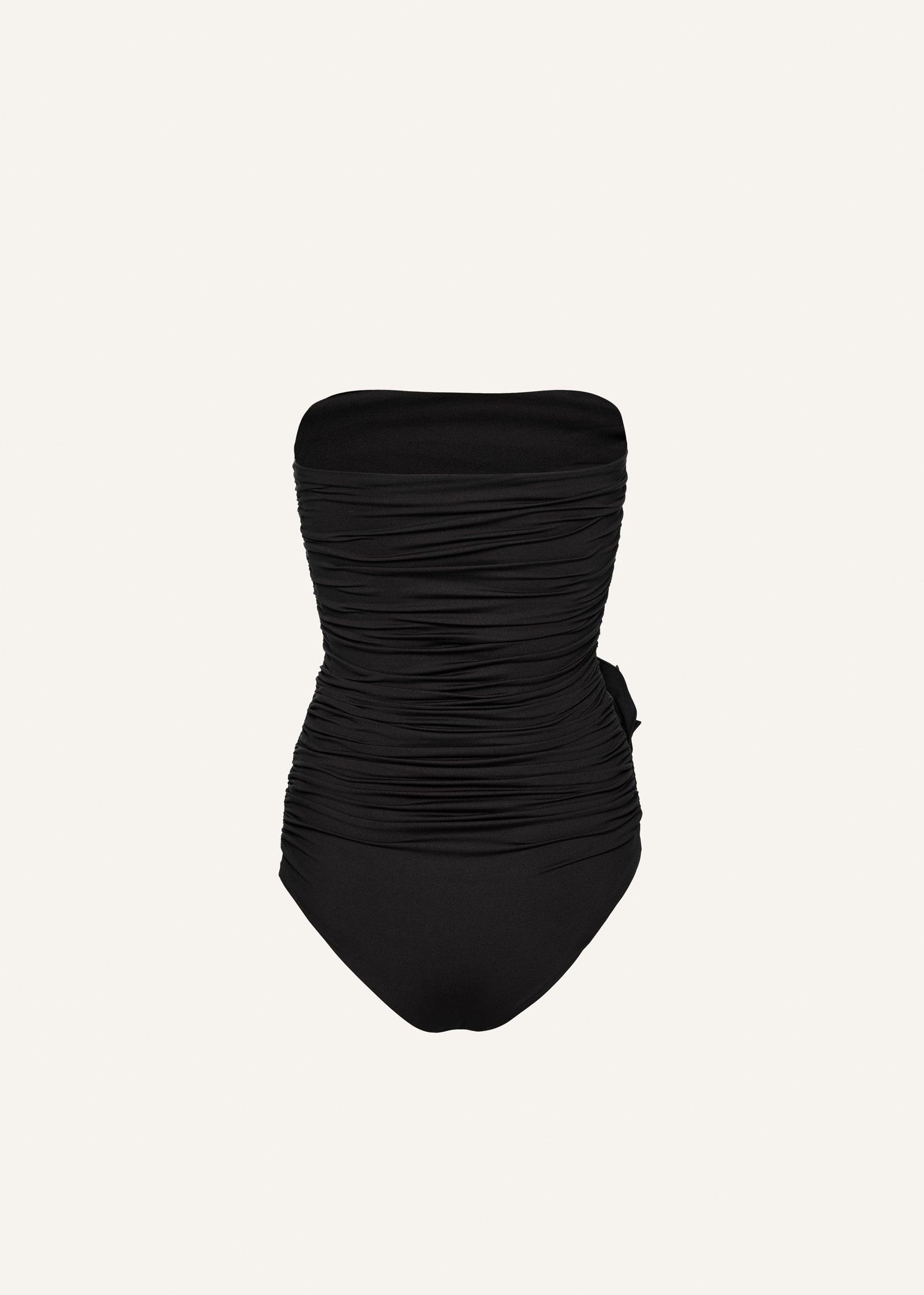 Flower appliqué strapless draped swimsuit in black Product Image