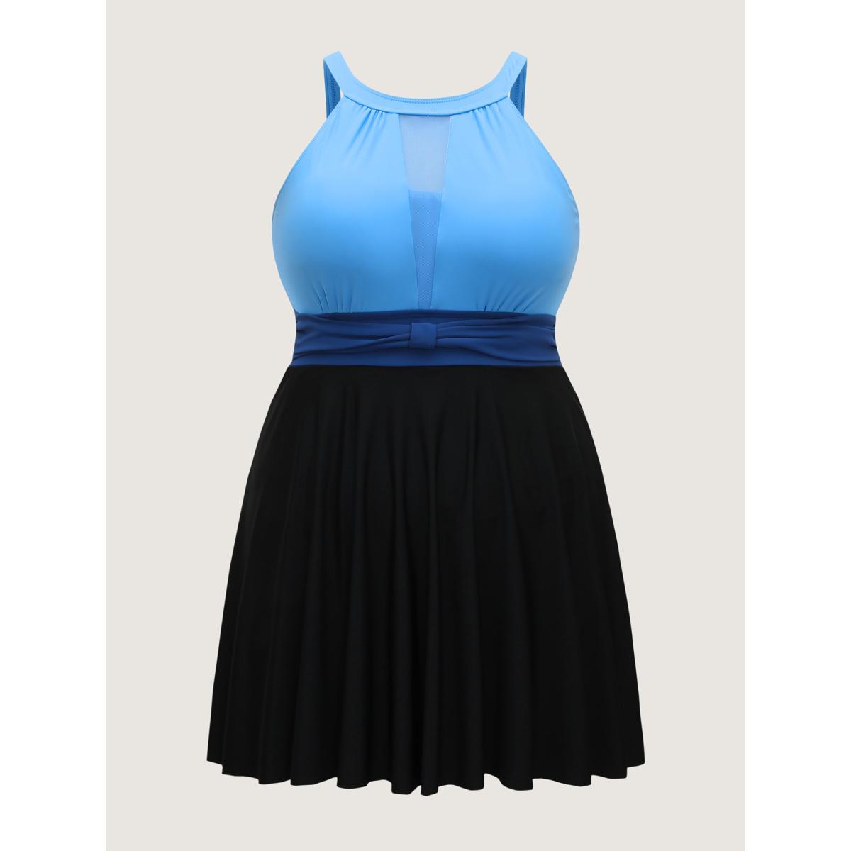 Plus Size Color Contrast Adjustable Swim Dress Women's Swimwear Mediumblue Resort Bodycon Halter neck High stretch Curve Swim Dresses BloomChic 10/M Product Image