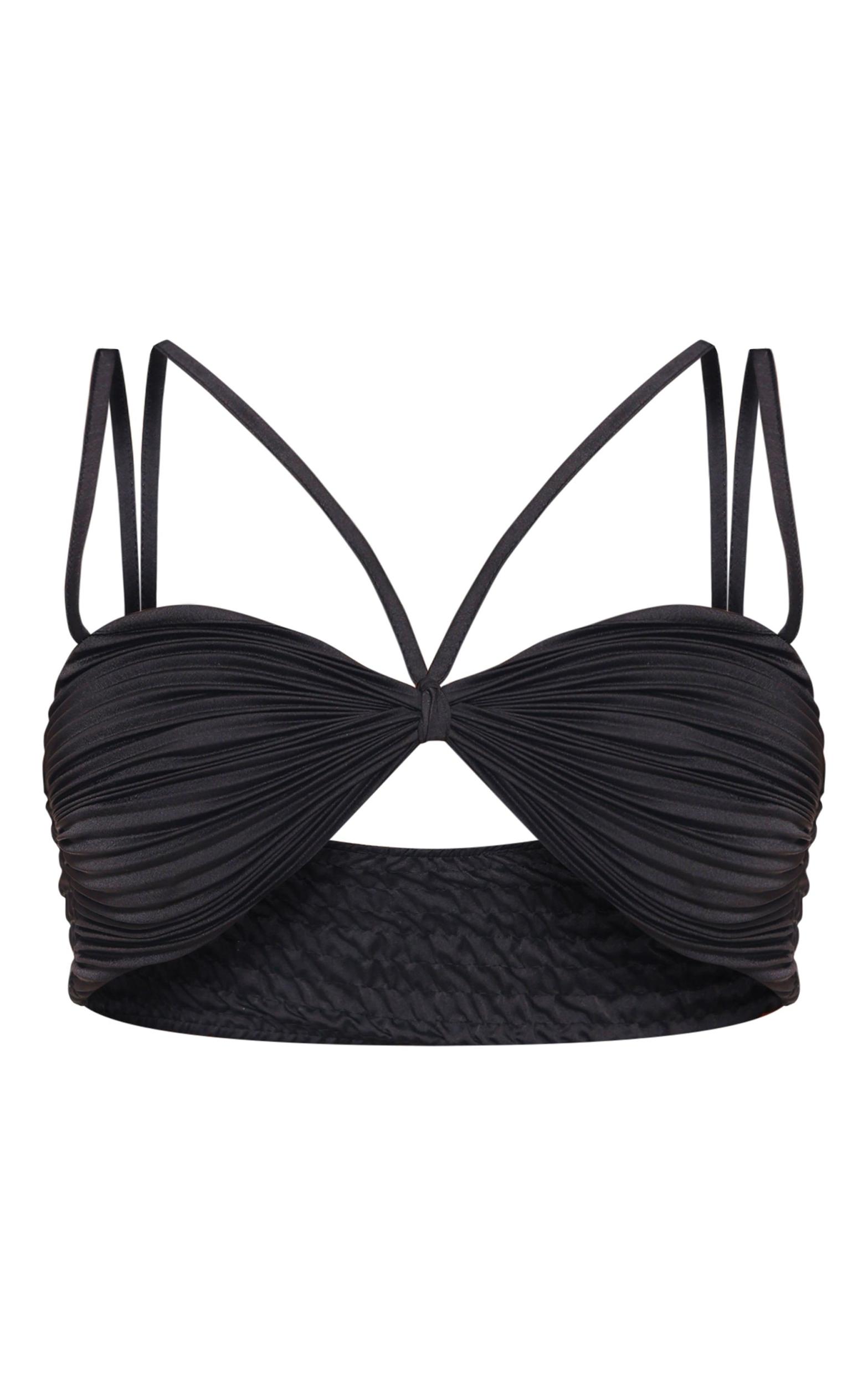 Black Plisse Knot Detail Strappy Crop Top Product Image