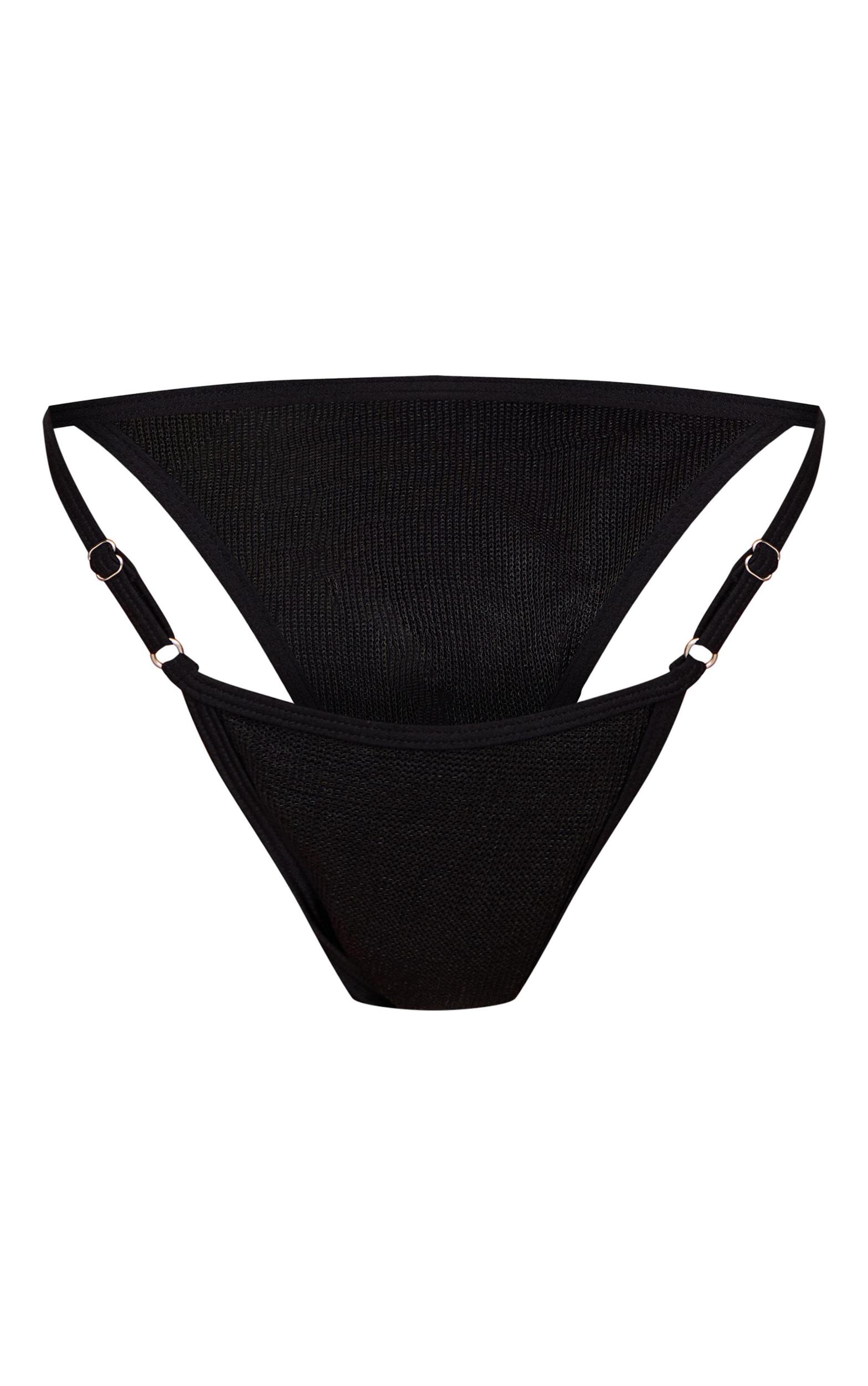Black Textured Lurex Tanga Bikini Bottoms Product Image