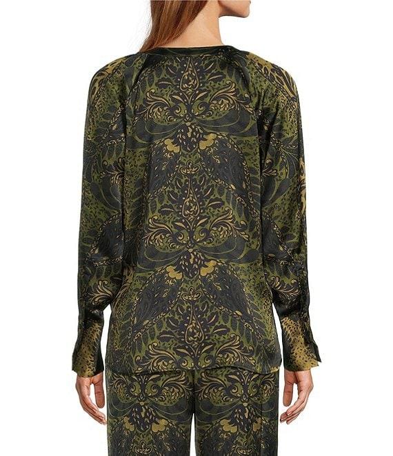Antonio Melani Noah Motif Print Satin Banded Neck Raglan Long Sleeve Button Front Coordinating Blouse Product Image