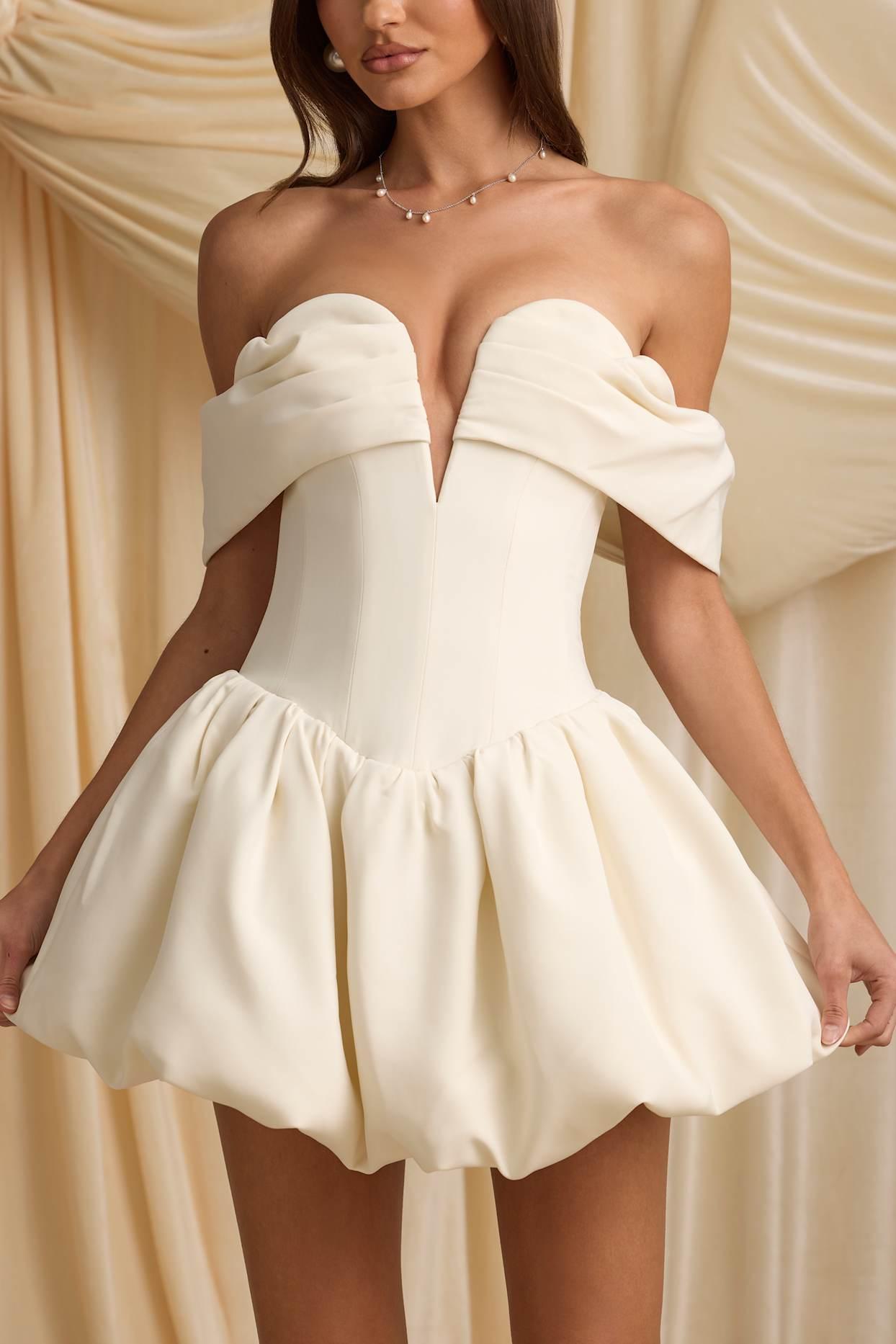 Off-Shoulder Layered Bubble Hem Corset Mini Dress in Ivory Product Image