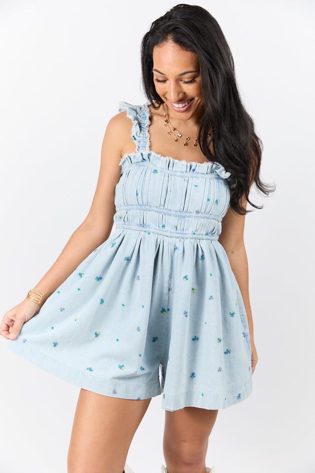 Big Sky Light Wash Denim Embroidered Romper FINAL SALE Product Image