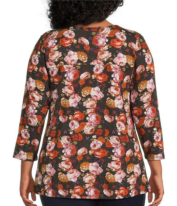 Intro Plus Size Knit Jersey Fudge Rose Print 3/4 Sleeve Pleated Neck Tee Product Image