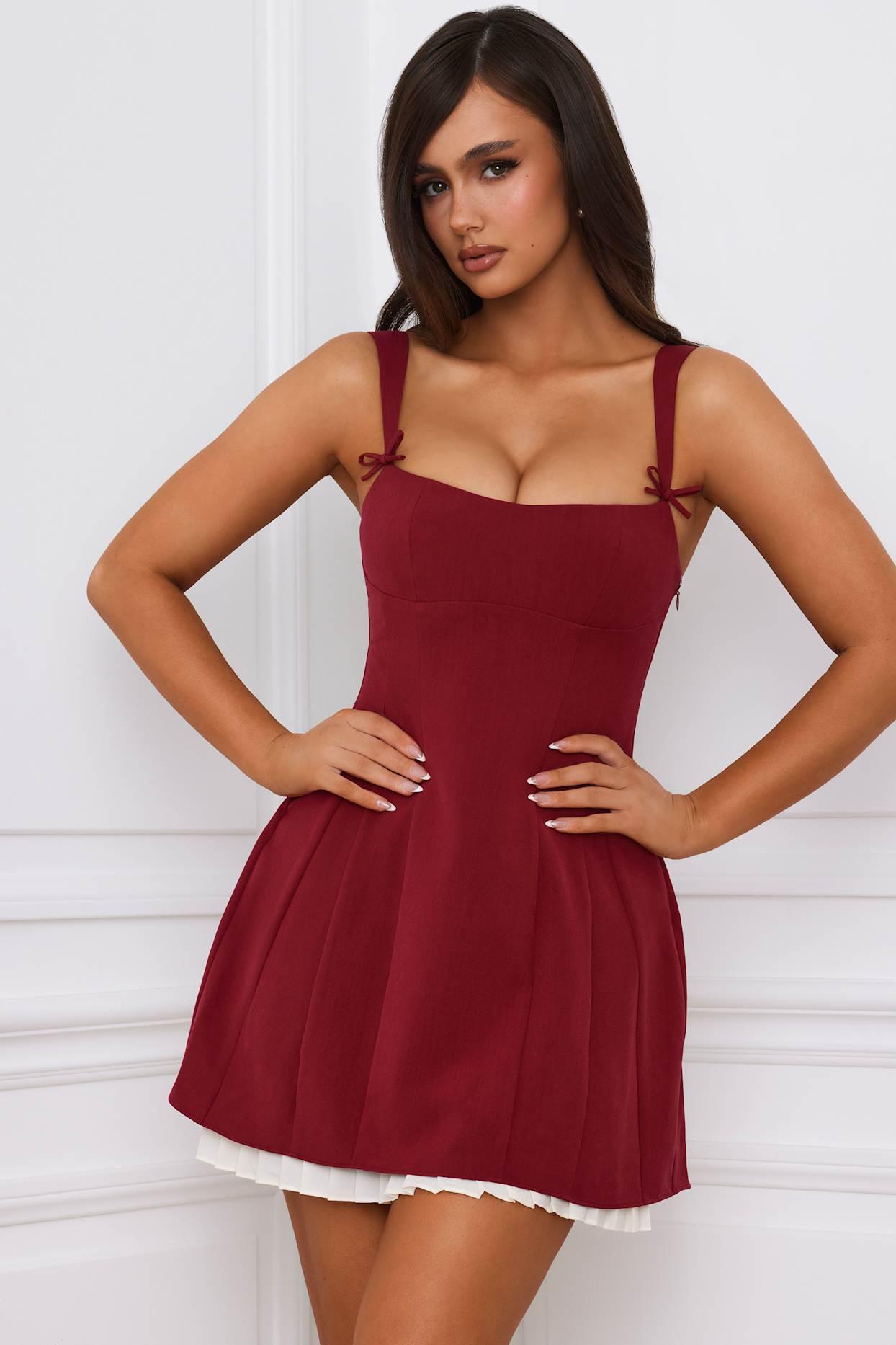 Bow-Detail Pleated A-Line Mini Dress in Berry Red Product Image