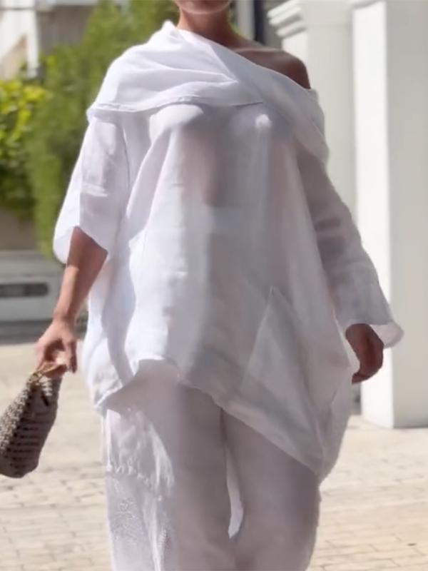 Long Sleeves Loose Asymmetric Pockets See-Through Solid Color Blouses&shirts Tops Product Image