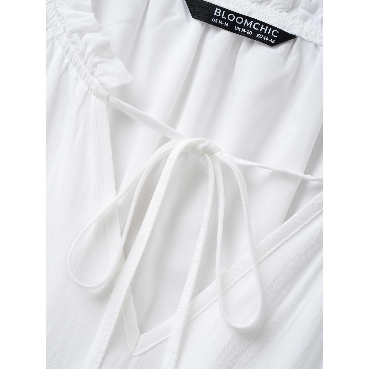 Plus Size Notched Collar Raglan Sleeve Ruffle Layered Hem Dress White Women Resort Tie knot Notched collar Short sleeve Curvy Midi Dress BloomChic 26/4X Product Image